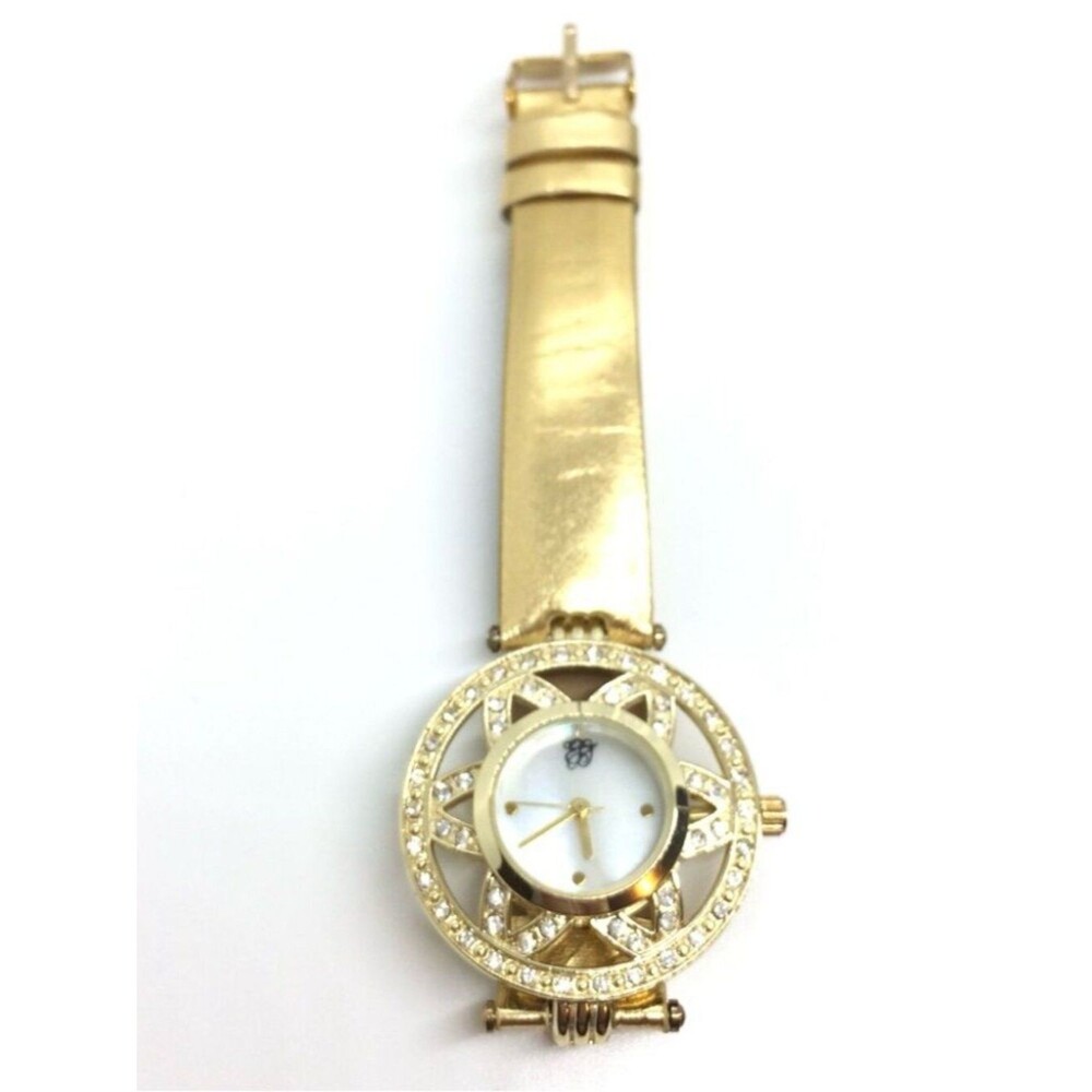 Elizabeth Taylor Watch Leather Band Metallic Gold Tone White Diamonds As Is